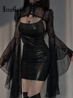 InsGoth Gothic Punk czarny Faux Leather 2 sztuk sukienka w stylu Vintage Flare rękawem krótkie bluzki kobiety Sexy Backless Bodycon sukienki do klubu 1